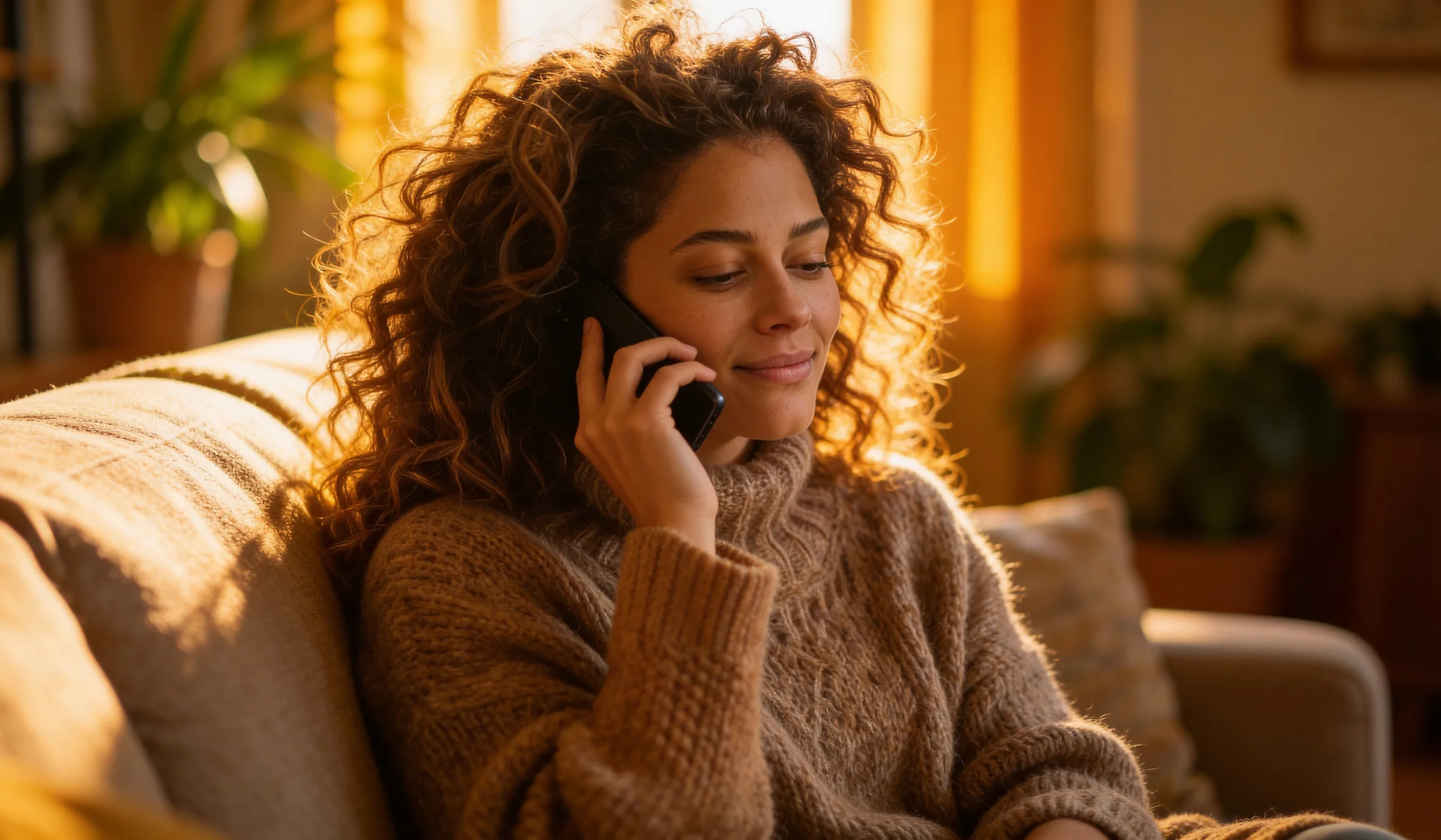 Vrouw zit ontspannen op de bank thuis en belt tijdens een consult van Leven op gevoel