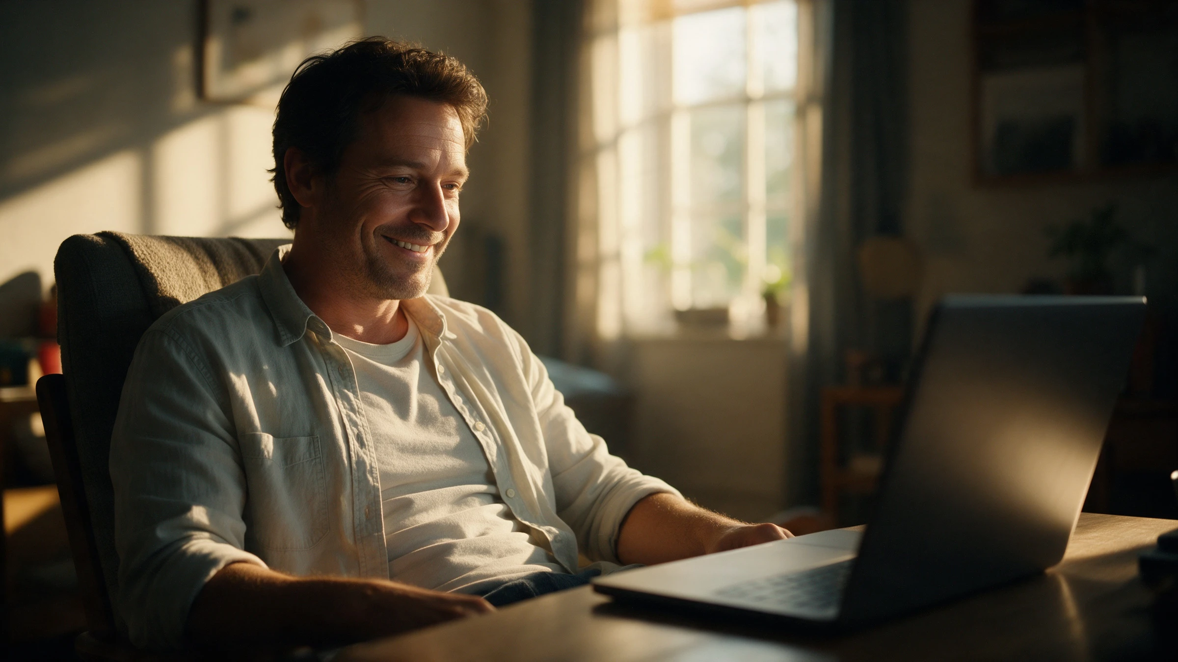 Man zit glimlachend in een fauteuil achter zijn laptop, in warm zonlicht, tijdens de online cursus Ziel, geest en gids van Leven op gevoel