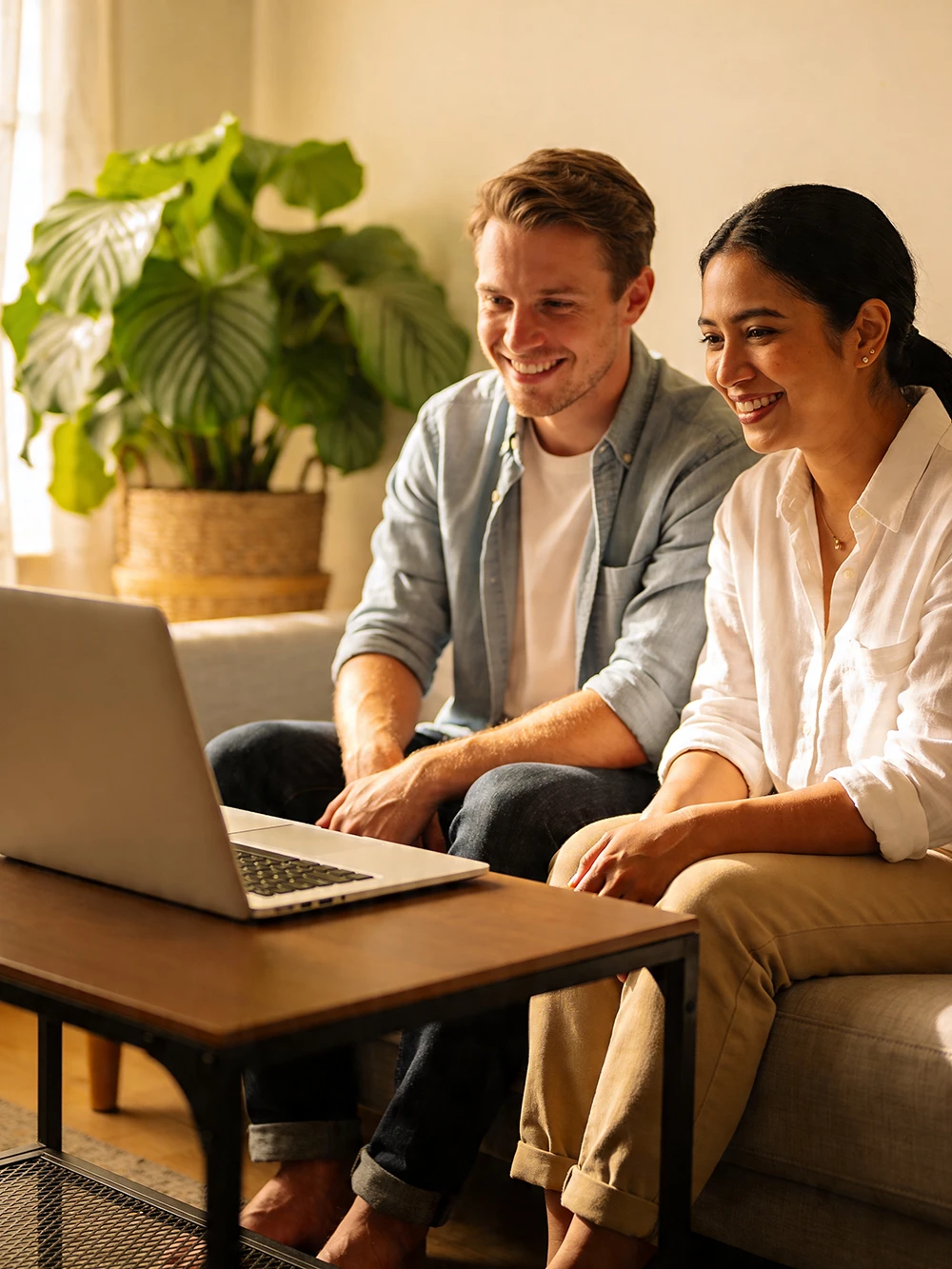 Stel kijkt samen naar laptop thuis tijdens een schoningsavond op afstand van Leven op gevoel