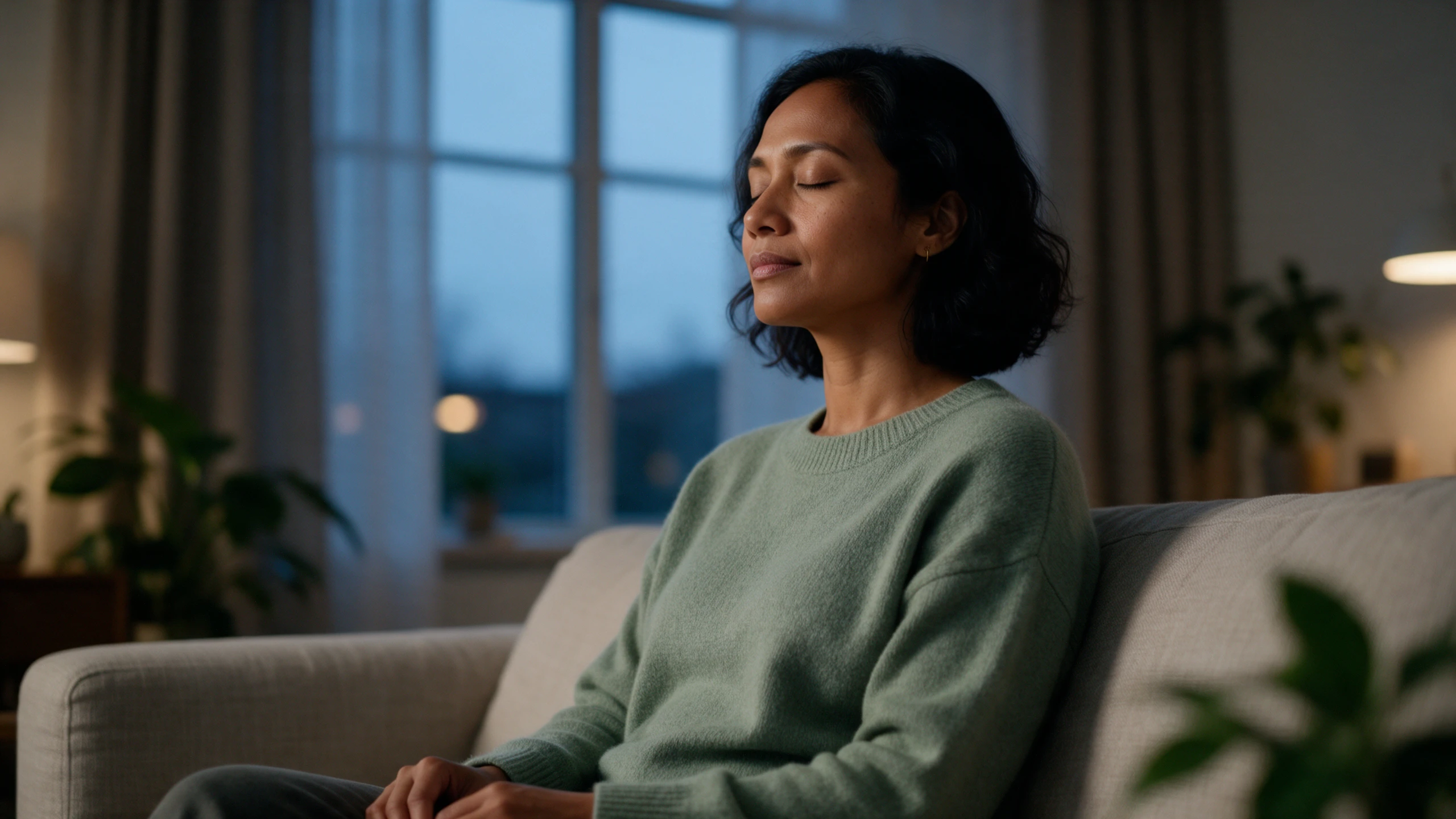 Vrouw in een groene trui zit 's avonds met gesloten ogen ontspannen op de bank, met achter haar het raam in de schemering, tijdens de schoningsavond van Leven op gevoel
