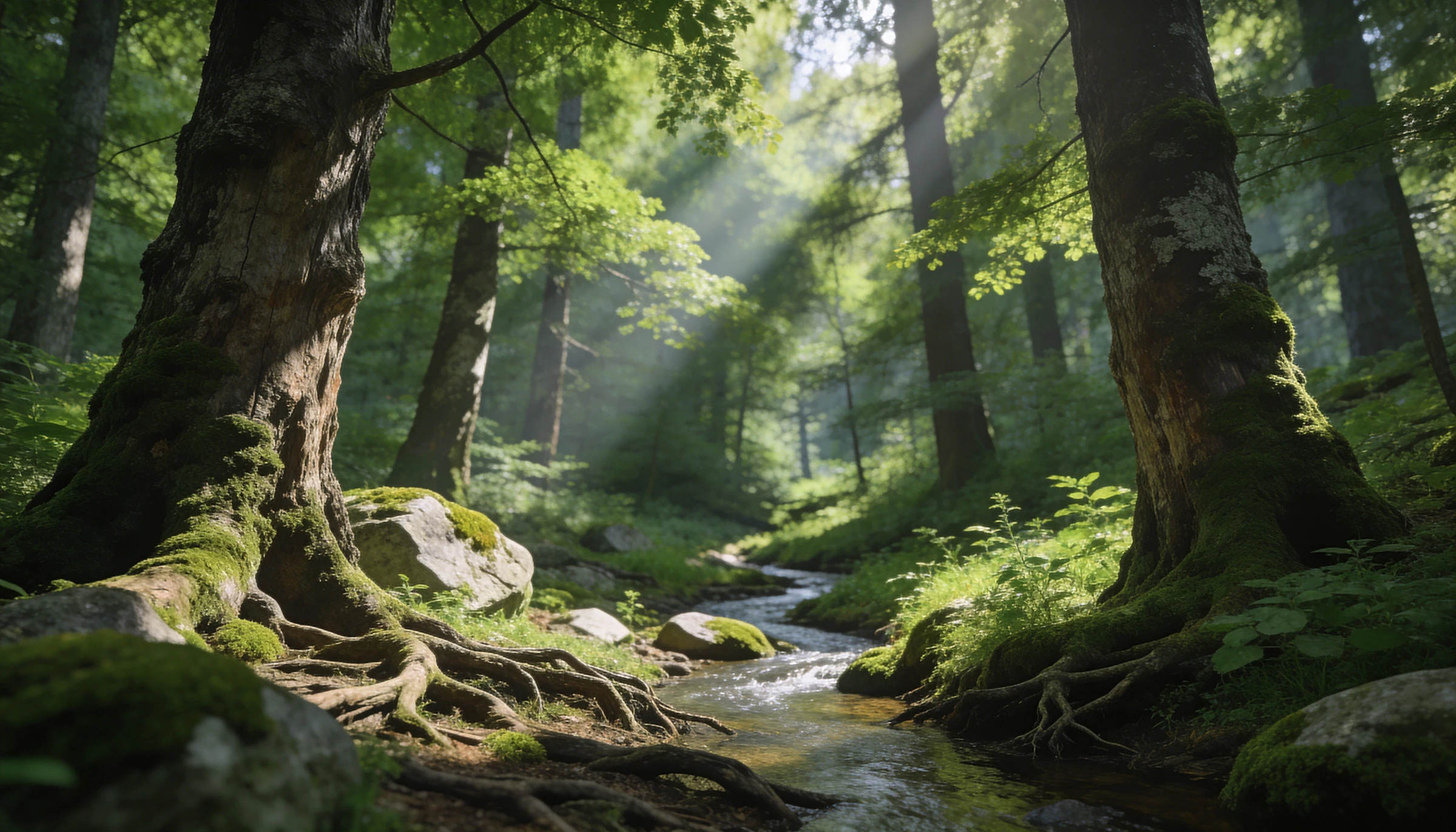 Zonlicht valt door de bomen in een weelderig bos met beek, sfeerbeeld voor energie in balans van Leven op gevoel