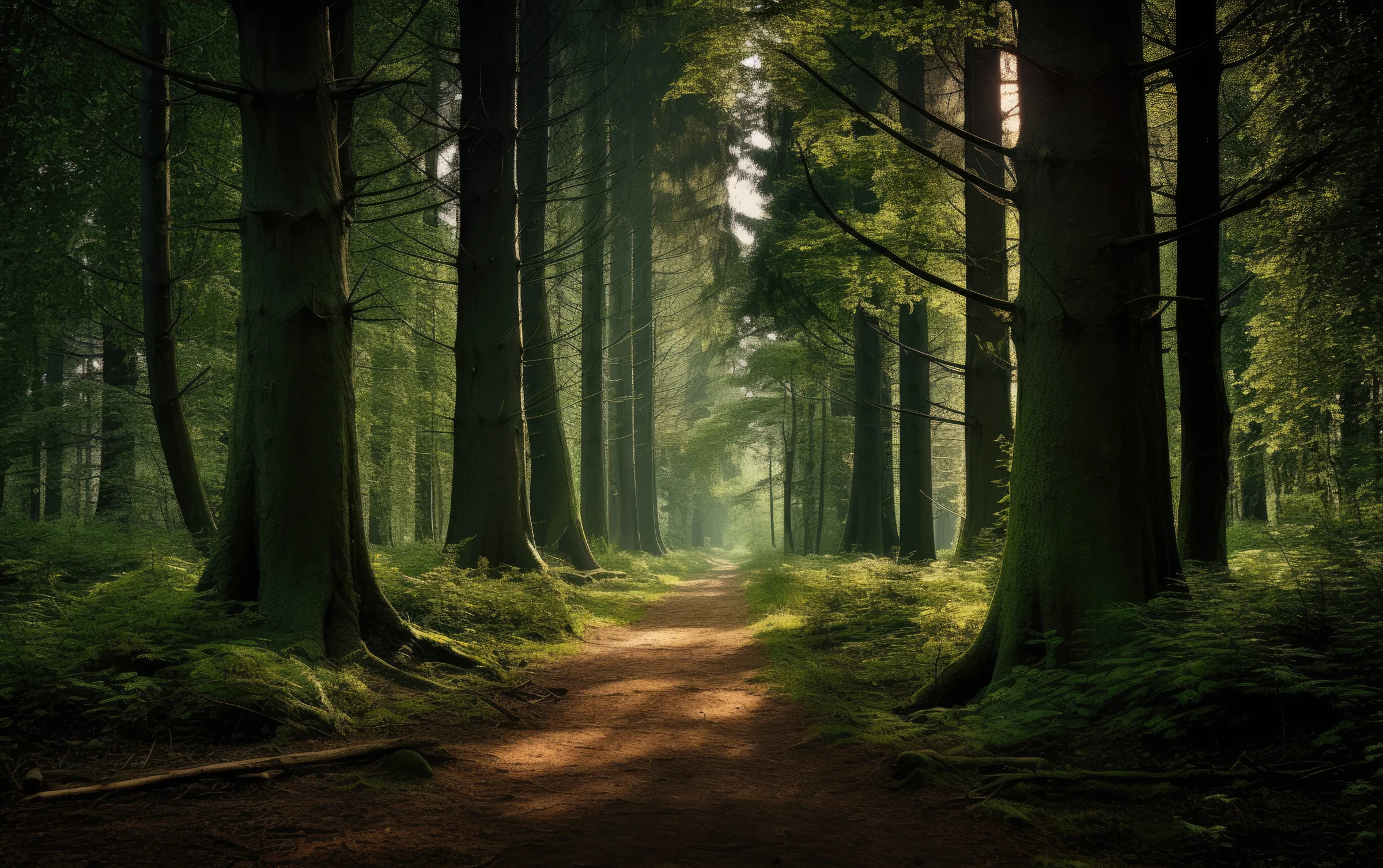 Zonnig bospad omgeven door hoge bomen en weelderig groen