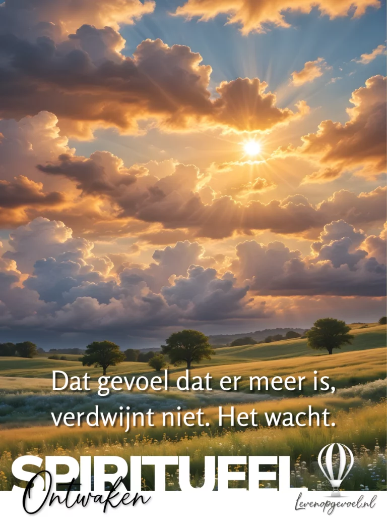 Wijd open landschap met golvende groene heuvels, bloeiende wilde bloemen op de voorgrond en verspreide bomen onder een dramatische lucht met doorbrekend zonlicht, sfeerbeeld bij spiritueel ontwaken van Leven op gevoel