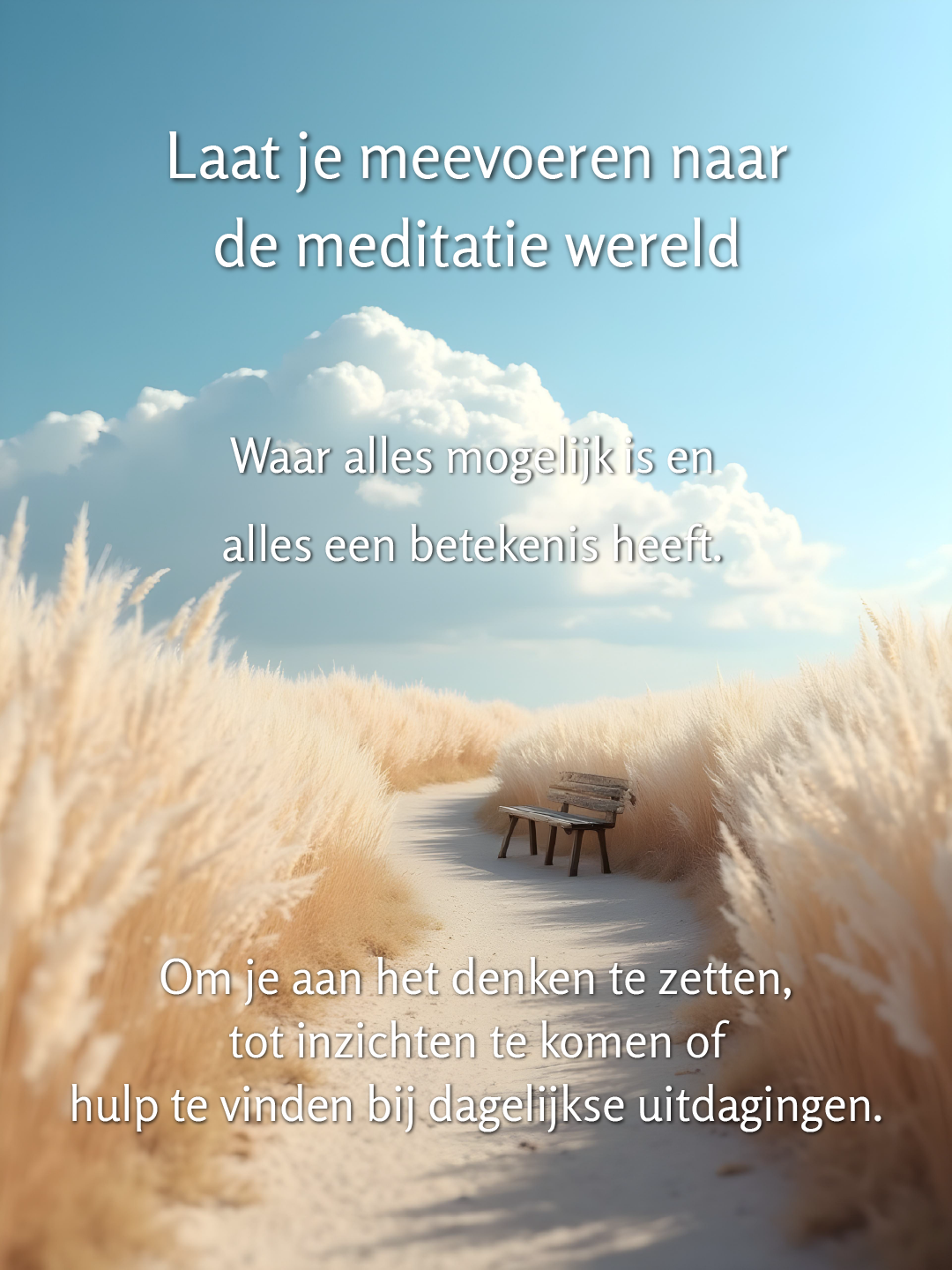 Rustig licht pad door wuivend wit gras, bankje in de verte onder grote wolkenlucht. Tekst: ‘Laat je meevoeren naar de meditatie wereld. Waar alles mogelijk is en alles een betekenis heeft. Om je aan het denken te zetten, tot inzichten te komen of hulp te vinden bij dagelijkse uitdagingen.’