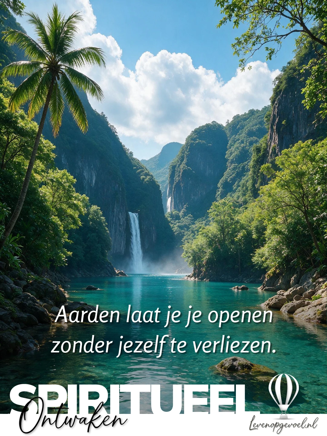 Tropisch berglandschap met een hoge waterval die uitmondt in een helder turquoise meer, omringd door met jungle begroeide bergwanden en palmbomen. Quote 'Aarden laat je je openen zonder jezelf te verliezen.' bij de categorie Spiritueel ontwaken van Leven op gevoel.