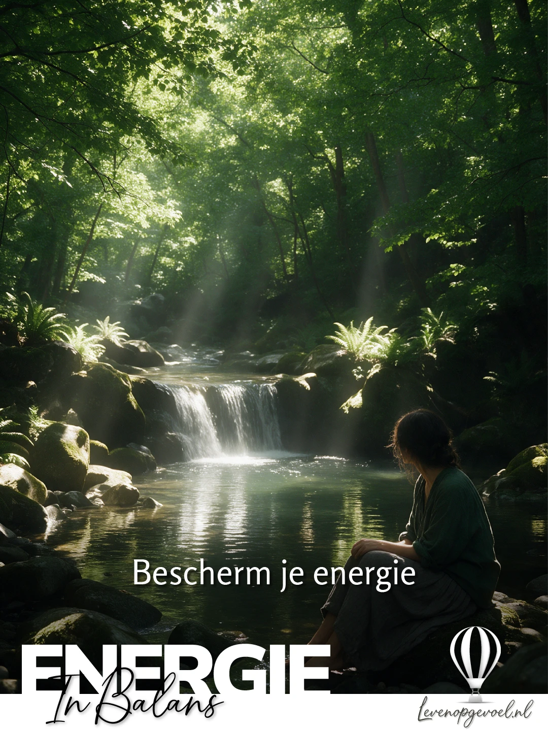 Zonnig bos met een kleine waterval en een heldere beek; een vrouw zit, van achteren gezien, op een steen aan het water. Tekst in beeld: 'Bescherm je energie', met het label Energie in balans en het logo van levenopgevoel.nl