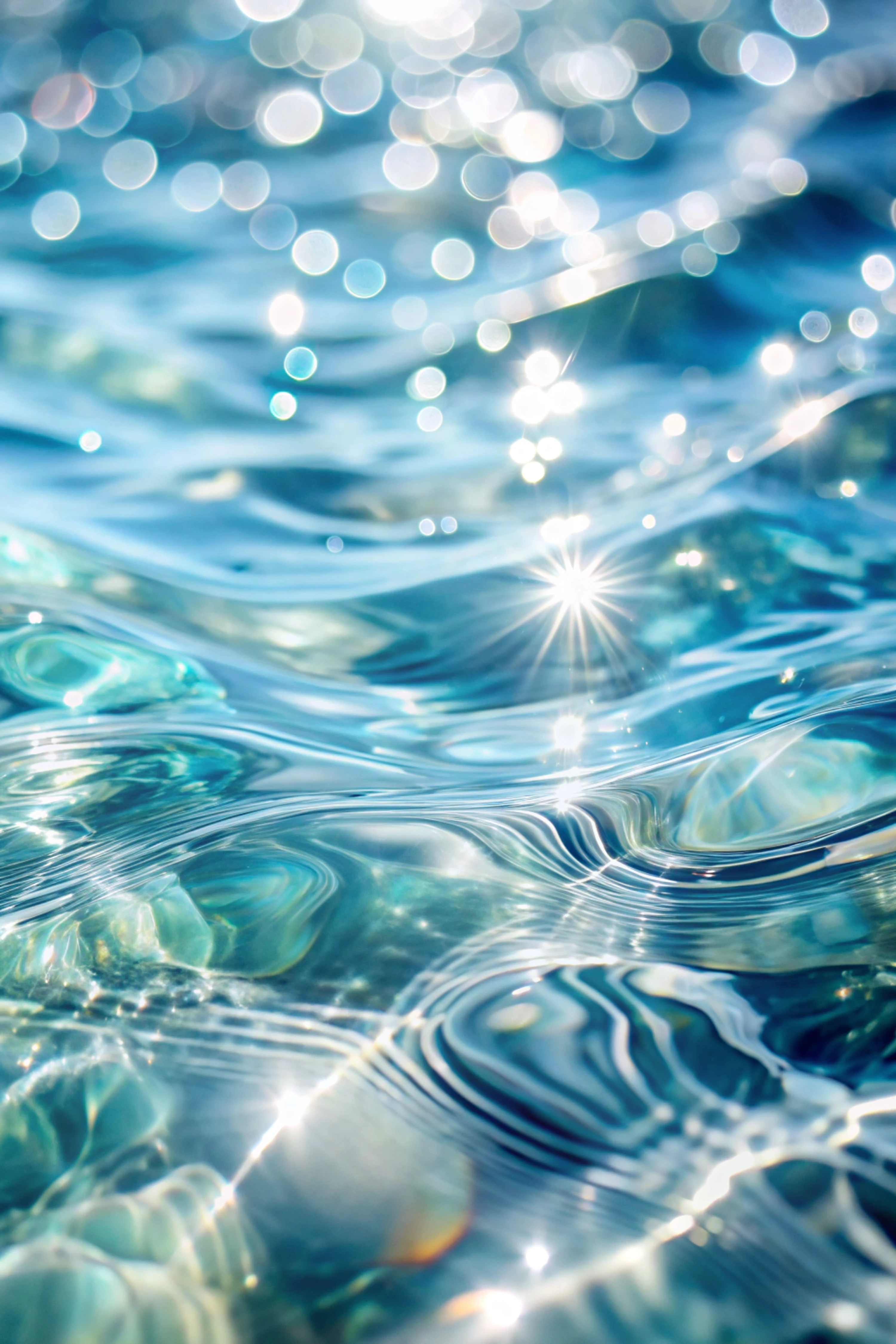 Zonlicht dat als een ster en in kleine lichtpuntjes schittert op helder, golvend water, als beeld voor het licht in de cursus Wie ben je eigenlijk?